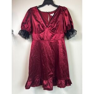 Kit+Sky Ruby Red Satin Lace Puff Sleeve Ruffle Mini Dress Women's Size L NWT